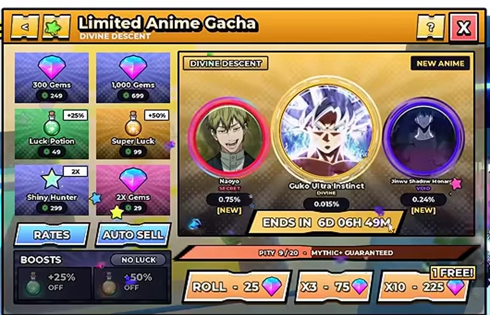 Divine Descent banner featuring Naoyo, Guko Ultra Instinct and Jinwu Shadow Monarch