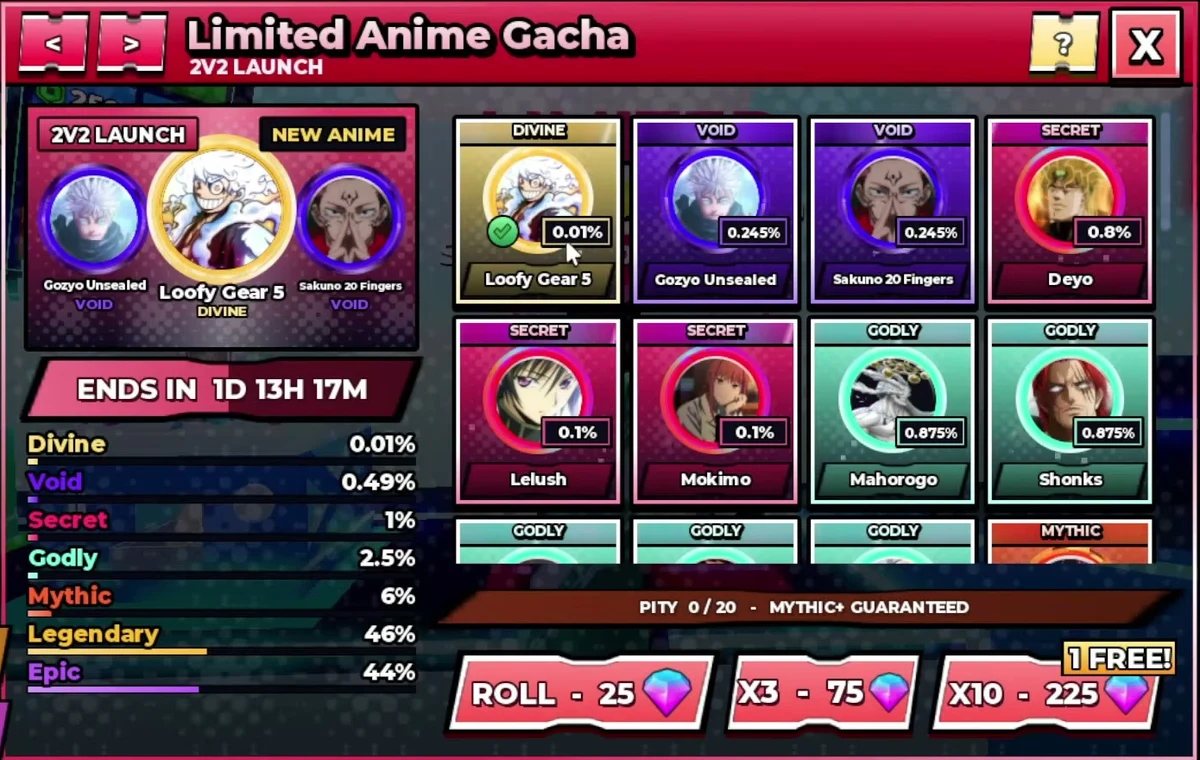 Recorded limited banner showing prices, character pool, rarity rates and the Mythic+ pity bar