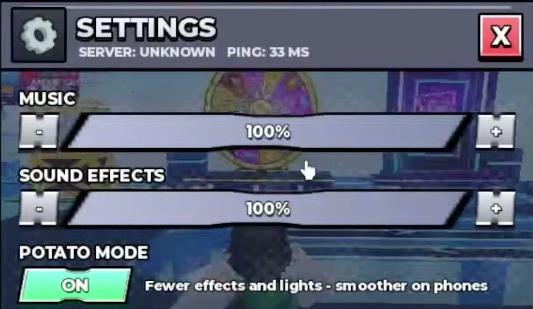 Settings menu showing Potato Mode and its reduced-effects description