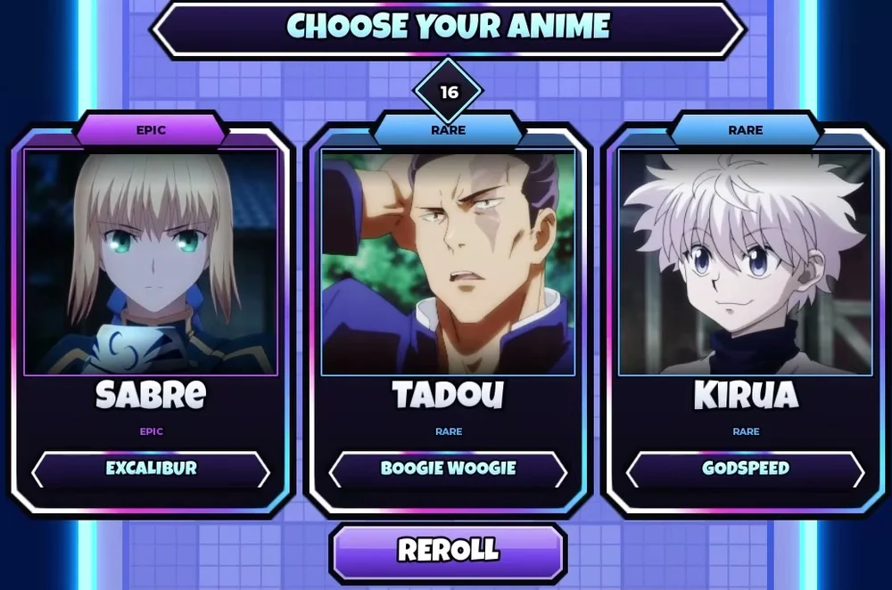 Sabre, Tadou and Kirua selection cards showing rarities and ability names
